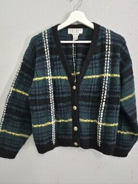 Studio Michelle Stuart Hand Knit Chunky Wool Plaid Cardigan Sweater L Academia